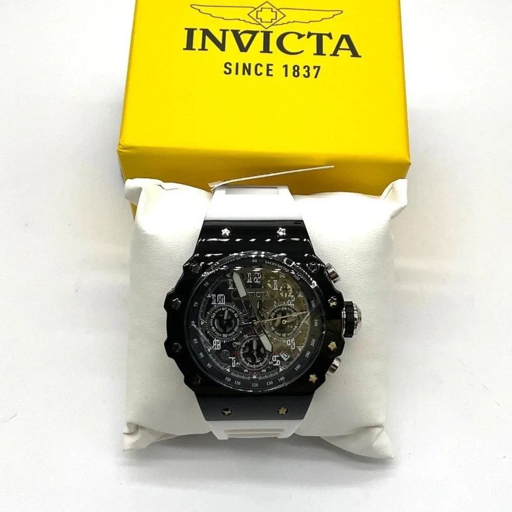 Invicta Racing Vaulthan Mens Watch 44mm Black Case White Silicone Strap New